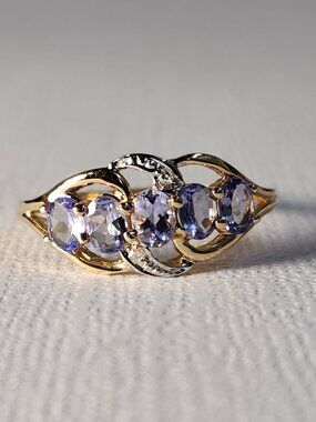Queen VTG STS 14K Solid Gold Natural Tanzanite 5 Stone Diamond Accents Ring Sz 7